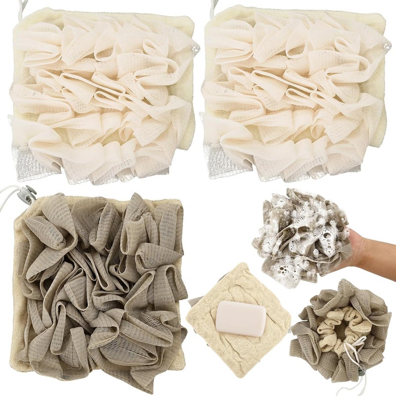 PKRFCJ 3 Pcs Soap Bar Loofah, 2 in 1 Bar Soap Loofah Pouch Can Hold Soap Effective Exfoliation for Bathing (Beige*2 + Khaki*1) - Image 1